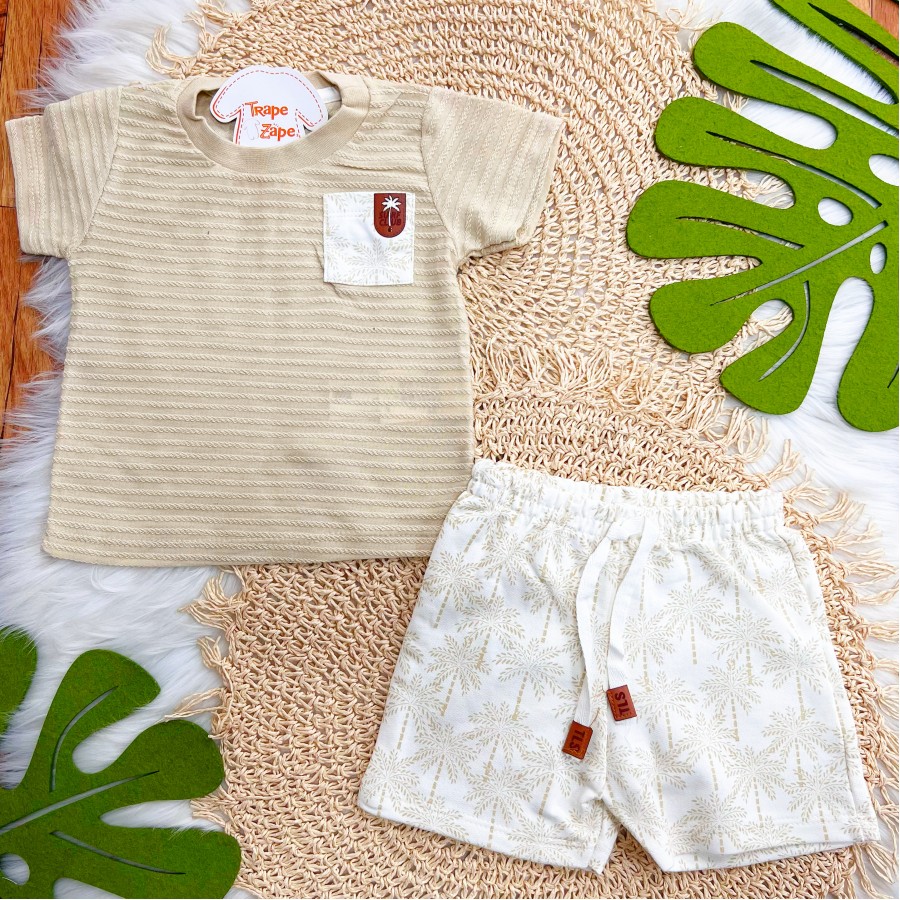 Conj. Camiseta Surf Club e Bermuda em Moletinho Coqueiros - Areia e Off White